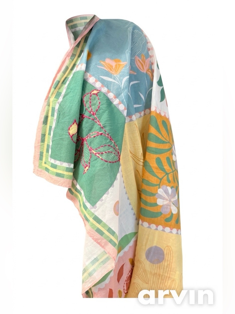 VISMAYA Pastel Patchwork Cotton Scarf Botanical Citrus Floral Wrap - OS